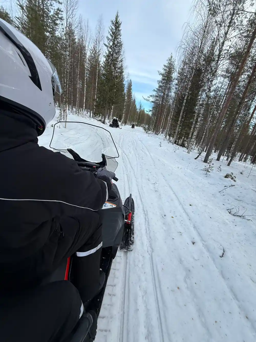 First-person snowmobile view on snowy forest trail