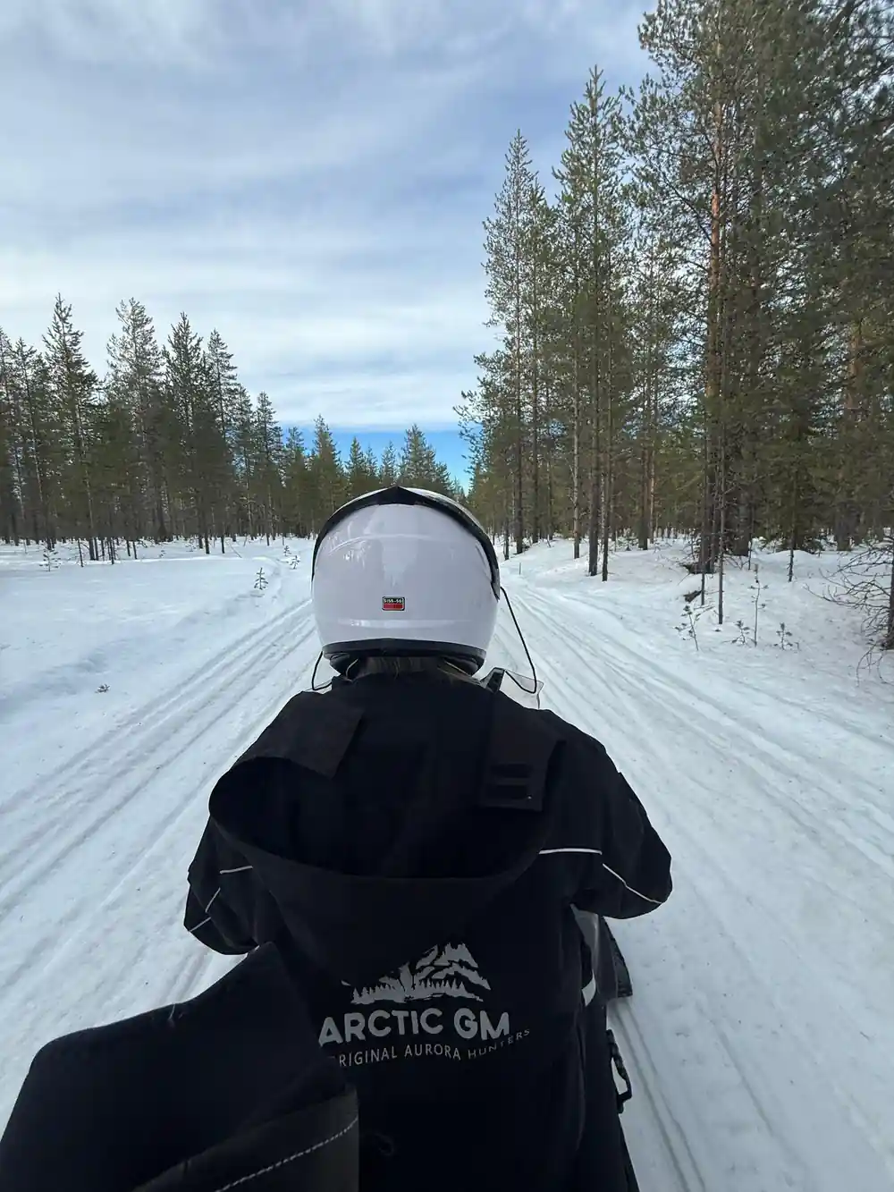 First-person view on snowmobile driving on snowy forest road
