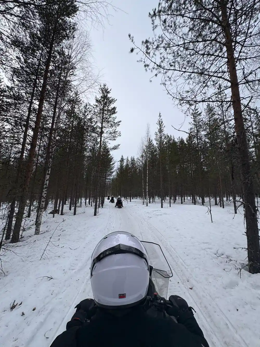 First-person view from snowmobile on snowy track
