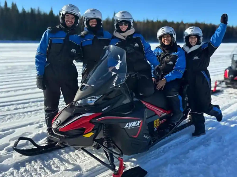 Group of five people in winter gear standing together outdoors