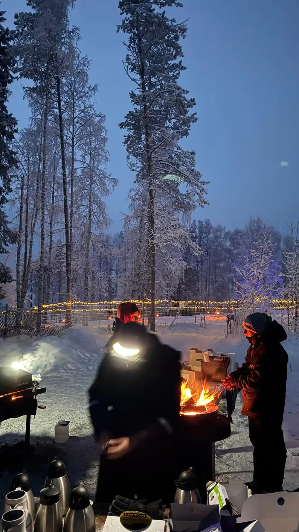 People warming by campfire at dusk with forest and lights behind