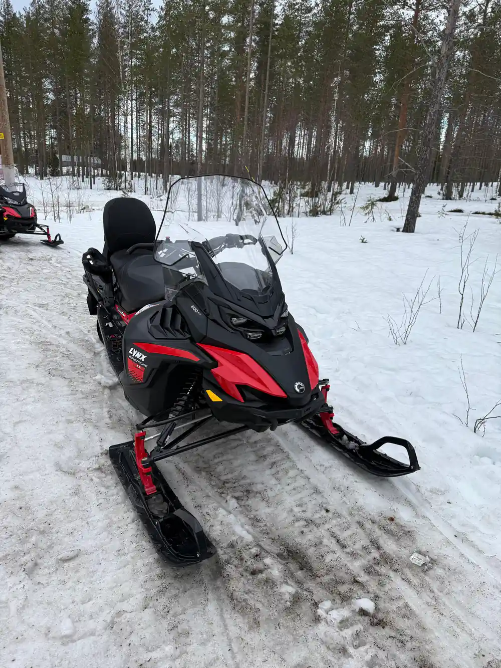 Person with arms spread on snowmobile in forest