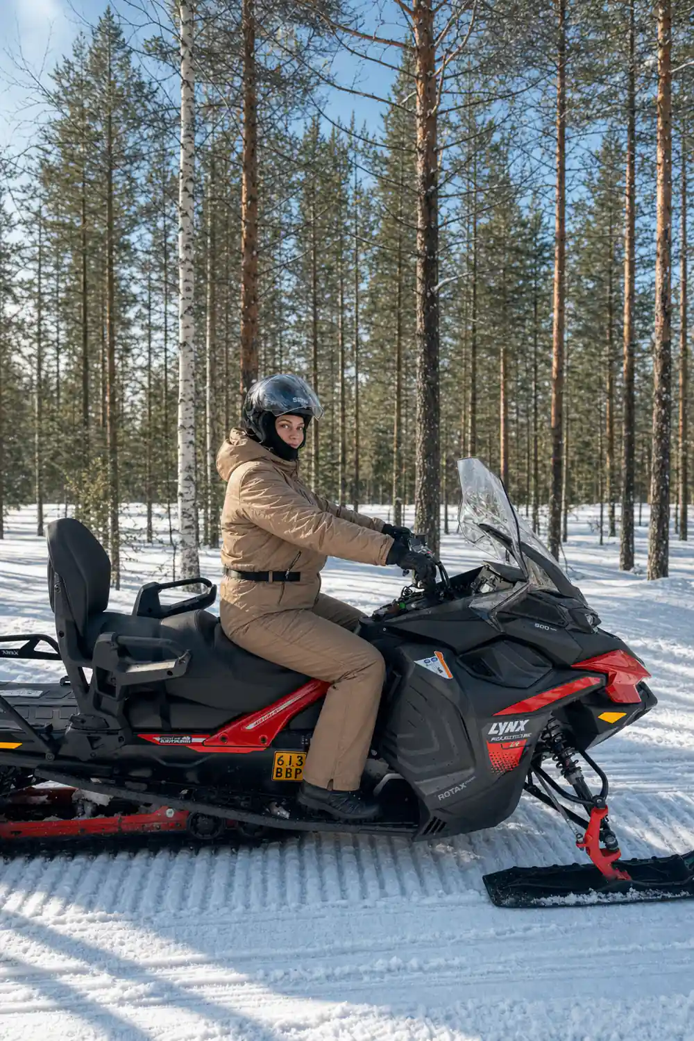 Person on red and black snowmobile in snowy forest
