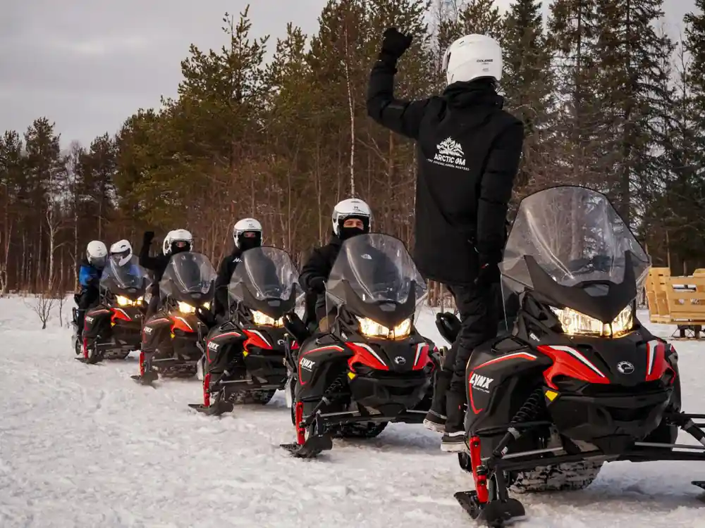 Row of snowmobiles lined up on snowy forest landscape