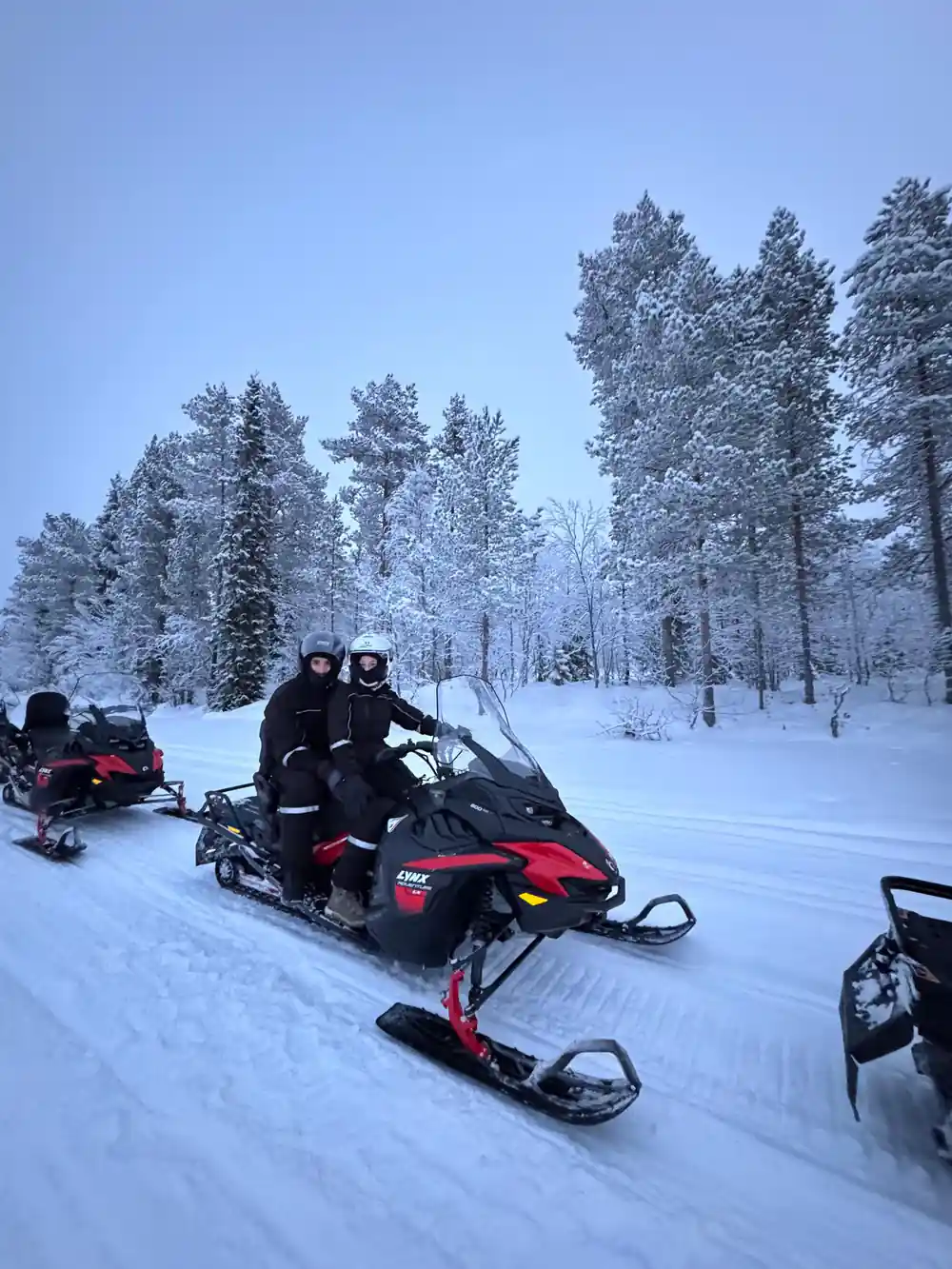 Two people on red snowmobile in snowy forest landscape