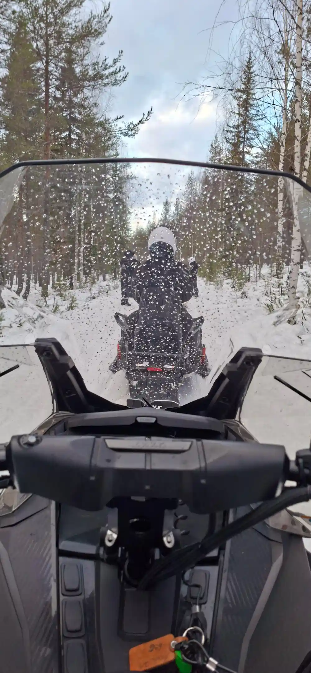 View from snowmobile handlebar of snowy forest trail